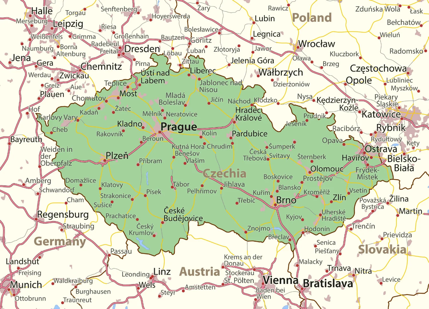 Karte des Straßennetz von Tschechien und der Nachbarländer